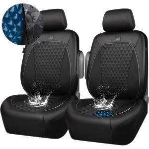 imageCAR PASS Leather Car Seat Covers Gel Wetsuit PU Front Seats Covers Waterproof EVA 2pcs All Weather Neoprene Universal Fit Pickup SUV Truck Sedan Automotive Armrest Airbag Compatible Rhombic BlackBlack Silver
