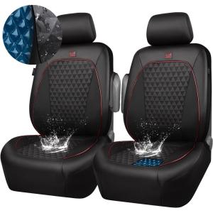 imageCAR PASS Leather Car Seat Covers Gel Wetsuit PU Front Seats Covers Waterproof EVA 2pcs All Weather Neoprene Universal Fit Pickup SUV Truck Sedan Automotive Armrest Airbag Compatible Rhombic BlackBlack Red