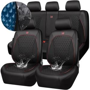imageCAR PASS Leather Car Seat Covers Gel Wetsuit PU Front Seats Covers Waterproof EVA 2pcs All Weather Neoprene Universal Fit Pickup SUV Truck Sedan Automotive Armrest Airbag Compatible Rhombic BlackRed Strips