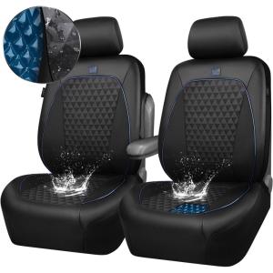 imageCAR PASS Leather Car Seat Covers Gel Wetsuit PU Front Seats Covers Waterproof EVA 2pcs All Weather Neoprene Universal Fit Pickup SUV Truck Sedan Automotive Armrest Airbag Compatible Rhombic BlackBlack Blue