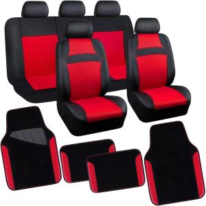 imageCAR PASS Leather Car Seat Covers ampamp Car Floor MatsUniversal Fit for SUV Sedan TruckMesh w 5m SpongeAirbag Compatible Automotive Interior Covers Full Sets Combo Set Black Charcoal GrayBlack and Red