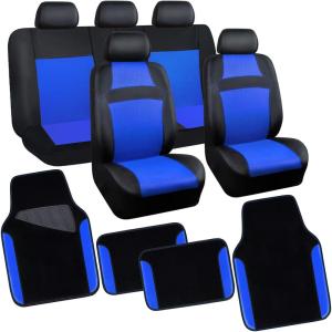 imageCAR PASS Leather Car Seat Covers ampamp Car Floor MatsUniversal Fit for SUV Sedan TruckMesh w 5m SpongeAirbag Compatible Automotive Interior Covers Full Sets Combo Set Black Charcoal GrayBlack and Blue