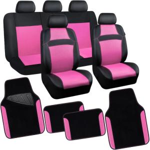 imageCAR PASS Leather Car Seat Covers ampamp Car Floor MatsUniversal Fit for SUV Sedan TruckMesh w 5m SpongeAirbag Compatible Automotive Interior Covers Full Sets Combo Set Black Charcoal GrayPink and Black