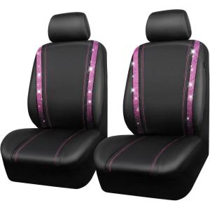 imageCAR PASS Leather Diamond Bling Car Seat Cover 2 Front Interior Sets Waterproof Universal Shining Glitter Crystal Sparkle Fit for 95 Automotive Truck SUV Cute Women Girl Black Silver RhinestonePink