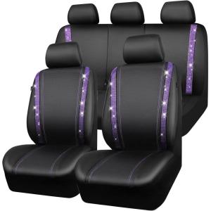 imageCAR PASS Leather Diamond Bling Car Seat Cover 2 Front Interior Sets Waterproof Universal Shining Glitter Crystal Sparkle Fit for 95 Automotive Truck SUV Cute Women Girl Black Silver RhinestoneViolet Diamond