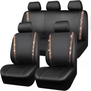 imageCAR PASS Leather Diamond Bling Car Seat Cover 2 Front Interior Sets Waterproof Universal Shining Glitter Crystal Sparkle Fit for 95 Automotive Truck SUV Cute Women Girl Black Silver RhinestoneChampagne Gold Diamond