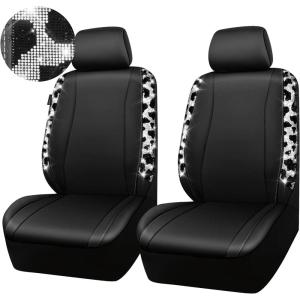 imageCAR PASS Leather Diamond Bling Car Seat Cover 2 Front Interior Sets Waterproof Universal Shining Glitter Crystal Sparkle Fit for 95 Automotive Truck SUV Cute Women Girl Black Silver RhinestoneCow Diamond