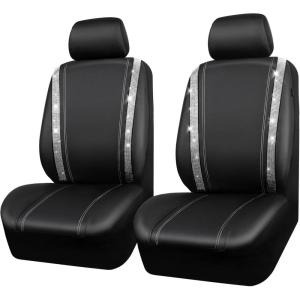 imageCAR PASS Leather Diamond Bling Car Seat Cover 2 Front Interior Sets Waterproof Universal Shining Glitter Crystal Sparkle Fit for 95 Automotive Truck SUV Cute Women Girl Black Silver RhinestoneSilver