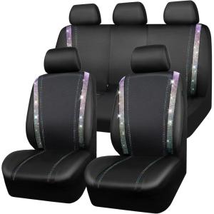 imageCAR PASS Leather Diamond Bling Car Seat Cover 2 Front Interior Sets Waterproof Universal Shining Glitter Crystal Sparkle Fit for 95 Automotive Truck SUV Cute Women Girl Black Silver RhinestoneMulticolor Diamond