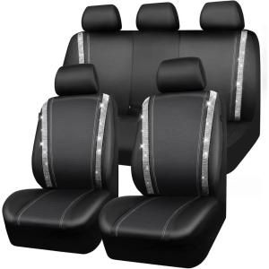 imageCAR PASS Leather Diamond Bling Car Seat Cover 2 Front Interior Sets Waterproof Universal Shining Glitter Crystal Sparkle Fit for 95 Automotive Truck SUV Cute Women Girl Black Silver RhinestoneSilver Diamond