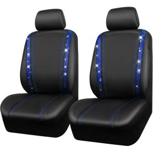 imageCAR PASS Leather Diamond Bling Car Seat Cover 2 Front Interior Sets Waterproof Universal Shining Glitter Crystal Sparkle Fit for 95 Automotive Truck SUV Cute Women Girl Black Silver RhinestoneBlue