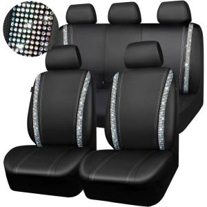 imageCAR PASS Leather Diamond Bling Car Seat Cover 2 Front Interior Sets Waterproof Universal Shining Glitter Crystal Sparkle Fit for 95 Automotive Truck SUV Cute Women Girl Black Silver RhinestoneColorful Diamond
