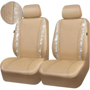 imageCAR PASS Leather Diamond Bling Car Seat Cover 2 Front Interior Sets Waterproof Universal Shining Glitter Crystal Sparkle Fit for 95 Automotive Truck SUV Cute Women Girl Black Silver RhinestoneBeige Leather