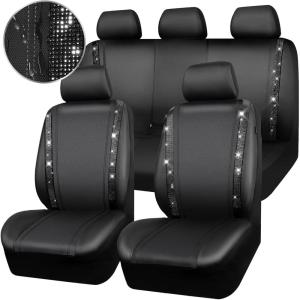 imageCAR PASS Leather Diamond Bling Car Seat Cover 2 Front Interior Sets Waterproof Universal Shining Glitter Crystal Sparkle Fit for 95 Automotive Truck SUV Cute Women Girl Black Silver RhinestoneBlack Diamond