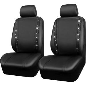 imageCAR PASS Leather Diamond Bling Car Seat Cover 2 Front Interior Sets Waterproof Universal Shining Glitter Crystal Sparkle Fit for 95 Automotive Truck SUV Cute Women Girl Black Silver RhinestoneBlack