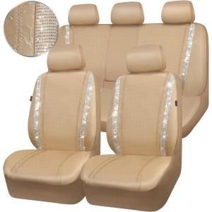 imageCAR PASS Leather Diamond Bling Car Seat Cover 2 Front Interior Sets Waterproof Universal Shining Glitter Crystal Sparkle Fit for 95 Automotive Truck SUV Cute Women Girl Black Silver RhinestoneBeige
