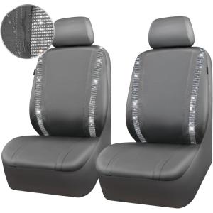 imageCAR PASS Leather Diamond Bling Car Seat Cover 2 Front Interior Sets Waterproof Universal Shining Glitter Crystal Sparkle Fit for 95 Automotive Truck SUV Cute Women Girl Black Silver RhinestoneGray Leather