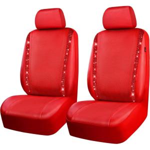 imageCAR PASS Leather Diamond Bling Car Seat Cover 2 Front Interior Sets Waterproof Universal Shining Glitter Crystal Sparkle Fit for 95 Automotive Truck SUV Cute Women Girl Black Silver RhinestoneRed leather