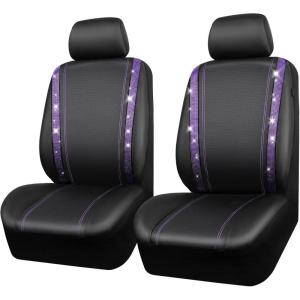 imageCAR PASS Leather Diamond Bling Car Seat Cover 2 Front Interior Sets Waterproof Universal Shining Glitter Crystal Sparkle Fit for 95 Automotive Truck SUV Cute Women Girl Black Silver RhinestoneViolet Purple