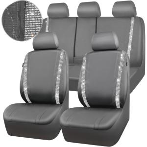 imageCAR PASS Leather Diamond Bling Car Seat Cover 2 Front Interior Sets Waterproof Universal Shining Glitter Crystal Sparkle Fit for 95 Automotive Truck SUV Cute Women Girl Black Silver RhinestoneGray
