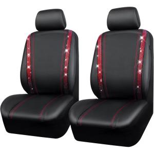 imageCAR PASS Leather Diamond Bling Car Seat Cover 2 Front Interior Sets Waterproof Universal Shining Glitter Crystal Sparkle Fit for 95 Automotive Truck SUV Cute Women Girl Black Silver RhinestoneRed