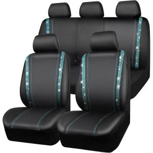 imageCAR PASS Leather Diamond Bling Car Seat Cover 2 Front Interior Sets Waterproof Universal Shining Glitter Crystal Sparkle Fit for 95 Automotive Truck SUV Cute Women Girl Black Silver RhinestoneMint Diamond