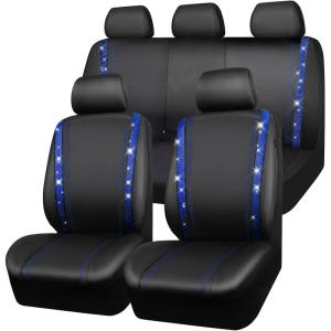 imageCAR PASS Leather Diamond Bling Car Seat Cover 2 Front Interior Sets Waterproof Universal Shining Glitter Crystal Sparkle Fit for 95 Automotive Truck SUV Cute Women Girl Black Silver RhinestoneBlue Diamond