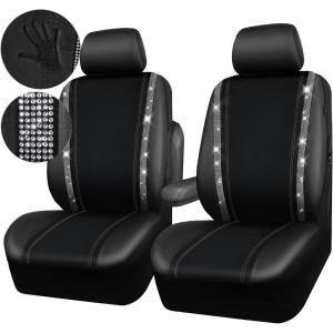 imageCAR PASS Leather Diamond Bling Car Seat Cover 2 Front Interior Sets Waterproof Universal Shining Glitter Crystal Sparkle Fit for 95 Automotive Truck SUV Cute Women Girl Black Silver RhinestoneBlack Velvet Silver Diamond