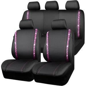 imageCAR PASS Leather Diamond Bling Car Seat Cover 2 Front Interior Sets Waterproof Universal Shining Glitter Crystal Sparkle Fit for 95 Automotive Truck SUV Cute Women Girl Black Silver RhinestonePink Diamond