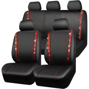 imageCAR PASS Leather Diamond Bling Car Seat Cover 2 Front Interior Sets Waterproof Universal Shining Glitter Crystal Sparkle Fit for 95 Automotive Truck SUV Cute Women Girl Black Silver RhinestoneRed Diamond