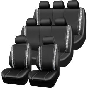 imageCAR PASS Leather Diamond Bling Car Seat Cover 2 Front Interior Sets Waterproof Universal Shining Glitter Crystal Sparkle Fit for 95 Automotive Truck SUV Cute Women Girl Black Silver RhinestoneSilver 8 Seats