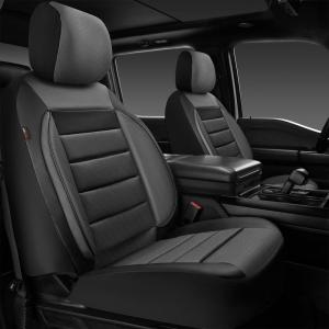 imageCAR PASS Leather Seat Covers Full Set Universal Water Resistant 3D Foam Back Support Luxury Comfort Automotive 5 Seat Covers All Season Fit for SUVSedanVan Airbag Compatible ElegancePure BlackGray Two Front