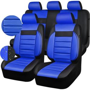 imageCAR PASS Leather Seat Covers Full Set Universal Water Resistant 3D Foam Back Support Luxury Comfort Automotive 5 Seat Covers All Season Fit for SUVSedanVan Airbag Compatible ElegancePure BlackBlack and Blue