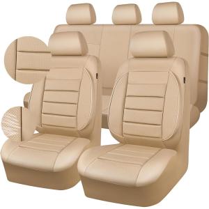 imageCAR PASS Leather Seat Covers Full Set Universal Water Resistant 3D Foam Back Support Luxury Comfort Automotive 5 Seat Covers All Season Fit for SUVSedanVan Airbag Compatible ElegancePure BlackAll Beige