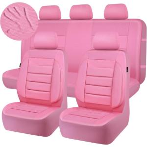 imageCAR PASS Leather Seat Covers Full Set Universal Water Resistant 3D Foam Back Support Luxury Comfort Automotive 5 Seat Covers All Season Fit for SUVSedanVan Airbag Compatible ElegancePure BlackAll Pink