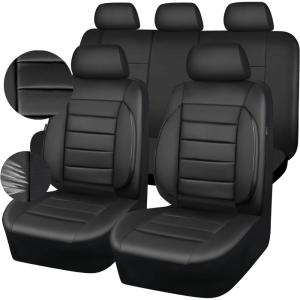 imageCAR PASS Leather Seat Covers Full Set Universal Water Resistant 3D Foam Back Support Luxury Comfort Automotive 5 Seat Covers All Season Fit for SUVSedanVan Airbag Compatible ElegancePure BlackAll Black