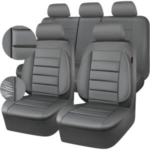 imageCAR PASS Leather Seat Covers Full Set Universal Water Resistant 3D Foam Back Support Luxury Comfort Automotive 5 Seat Covers All Season Fit for SUVSedanVan Airbag Compatible ElegancePure BlackAll Gray