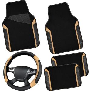 imageCAR PASS Leather Steering Wheel Cover and Waterproof Car Floor MatsMicrofiber Universal Car Combo Fit for 95 SedanSUVCars14515inch Sporty AntiSlip Safety Comfortable DesignCarbon Fiber BlackBlackBeige