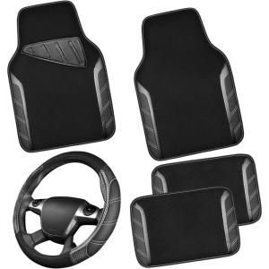 imageCAR PASS Leather Steering Wheel Cover and Waterproof Car Floor MatsMicrofiber Universal Car Combo Fit for 95 SedanSUVCars14515inch Sporty AntiSlip Safety Comfortable DesignCarbon Fiber BlackCarbon Fiber Black