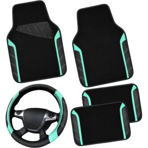 imageCAR PASS Leather Steering Wheel Cover and Waterproof Car Floor MatsMicrofiber Universal Car Combo Fit for 95 SedanSUVCars14515inch Sporty AntiSlip Safety Comfortable DesignCarbon Fiber BlackBlackMint