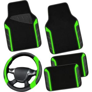 imageCAR PASS Leather Steering Wheel Cover and Waterproof Car Floor MatsMicrofiber Universal Car Combo Fit for 95 SedanSUVCars14515inch Sporty AntiSlip Safety Comfortable DesignCarbon Fiber BlackBlackFluorescence Green