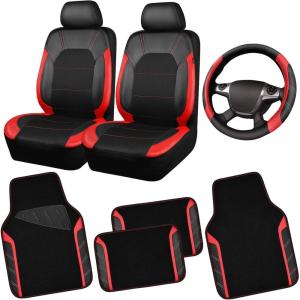 imageCAR PASS Leather Steering Wheel Cover and Waterproof Car Floor MatsMicrofiber Universal Car Combo Fit for 95 SedanSUVCars14515inch Sporty AntiSlip Safety Comfortable DesignCarbon Fiber BlackRed