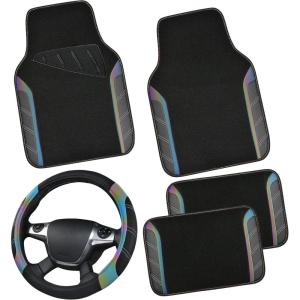 imageCAR PASS Leather Steering Wheel Cover and Waterproof Car Floor MatsMicrofiber Universal Car Combo Fit for 95 SedanSUVCars14515inch Sporty AntiSlip Safety Comfortable DesignCarbon Fiber BlackBlackReflective