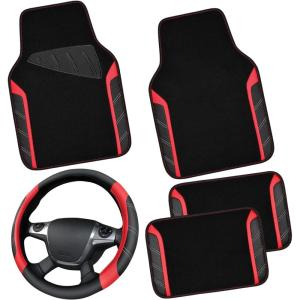 imageCAR PASS Leather Steering Wheel Cover and Waterproof Car Floor MatsMicrofiber Universal Car Combo Fit for 95 SedanSUVCars14515inch Sporty AntiSlip Safety Comfortable DesignCarbon Fiber BlackBlackRed