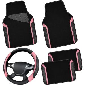 imageCAR PASS Leather Steering Wheel Cover and Waterproof Car Floor MatsMicrofiber Universal Car Combo Fit for 95 SedanSUVCars14515inch Sporty AntiSlip Safety Comfortable DesignCarbon Fiber BlackBlackPink