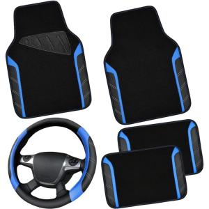 imageCAR PASS Leather Steering Wheel Cover and Waterproof Car Floor MatsMicrofiber Universal Car Combo Fit for 95 SedanSUVCars14515inch Sporty AntiSlip Safety Comfortable DesignCarbon Fiber BlackBlackBlue