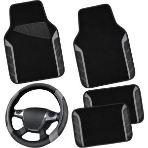 imageCAR PASS Leather Steering Wheel Cover and Waterproof Car Floor MatsMicrofiber Universal Car Combo Fit for 95 SedanSUVCars14515inch Sporty AntiSlip Safety Comfortable DesignCarbon Fiber BlackBlackGray