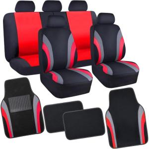 imageCAR PASS Line Rider Sporty Car Seat Covers Full Set with 4Pcs Waterproof Car Floor Mats Universal Fit Airbag Compatible Automotive Interior Covers for Sedans TrucksVansSUV Combo Set Black ampamp GrayBlack  Red