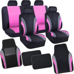 imageCAR PASS Line Rider Sporty Car Seat Covers Full Set with 4Pcs Waterproof Car Floor Mats Universal Fit Airbag Compatible Automotive Interior Covers for Sedans TrucksVansSUV Combo Set Black ampamp GrayBlack  Pink