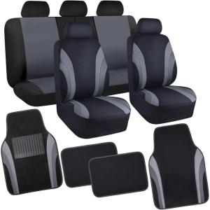 imageCAR PASS Line Rider Sporty Car Seat Covers Full Set with 4Pcs Waterproof Car Floor Mats Universal Fit Airbag Compatible Automotive Interior Covers for Sedans TrucksVansSUV Combo Set Black ampamp GrayBlack  Gray